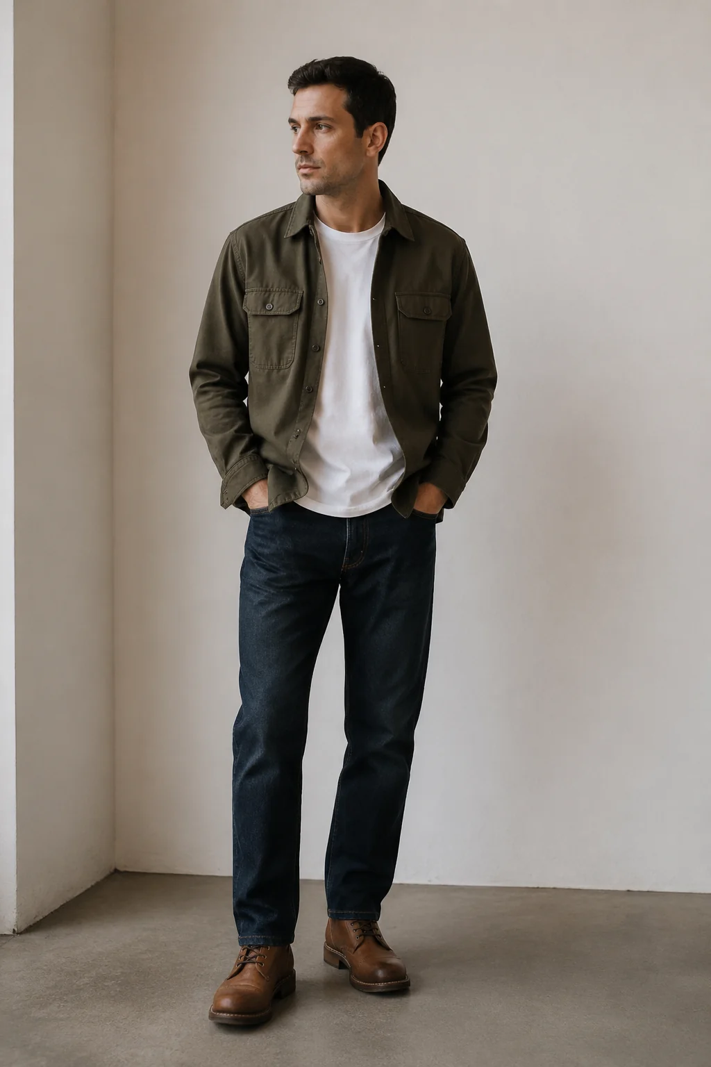 A man in his early thirties in a relaxed studio, dressed in an olive overshirt, a plain white tee, dark straight-leg jeans and tan boots, an assembled casual outfit