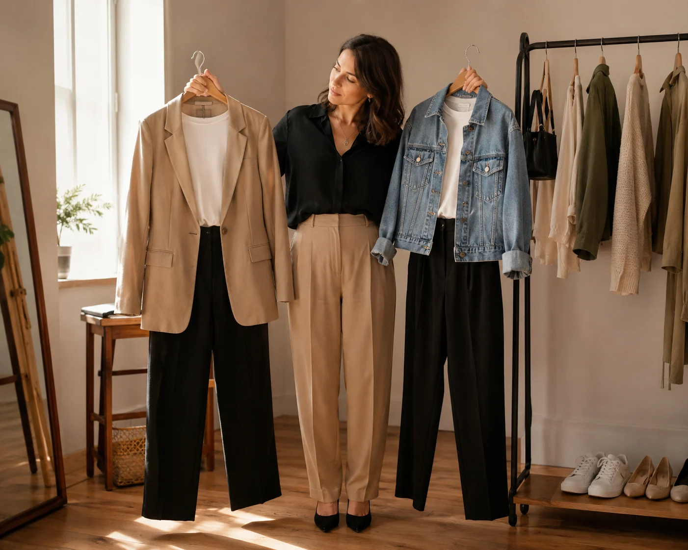 A woman with shoulder-length dark hair beside a clothing rail in a sunlit fitting space, considering two complete outfits on hangers, one with a blazer and one with a denim jacket