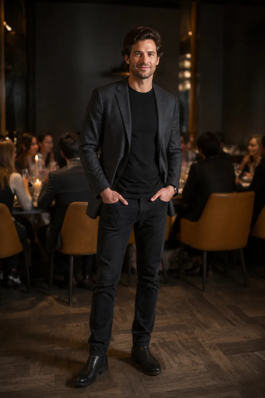 A man in his thirties at a birthday dinner wearing a charcoal blazer over a black t-shirt with dark jeans and clean leather boots, standing in a softly lit restaurant, full body