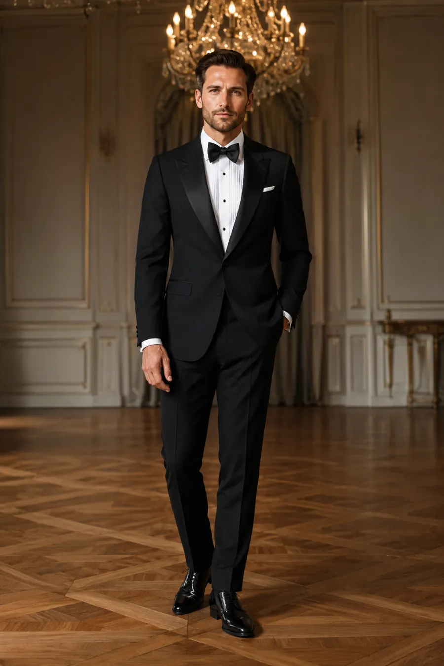 A confident man in his thirties wearing a classic black tuxedo with satin peak lapels, a crisp white pleated shirt, and a black bow tie, standing under warm chandelier light in an elegant ballroom, full body