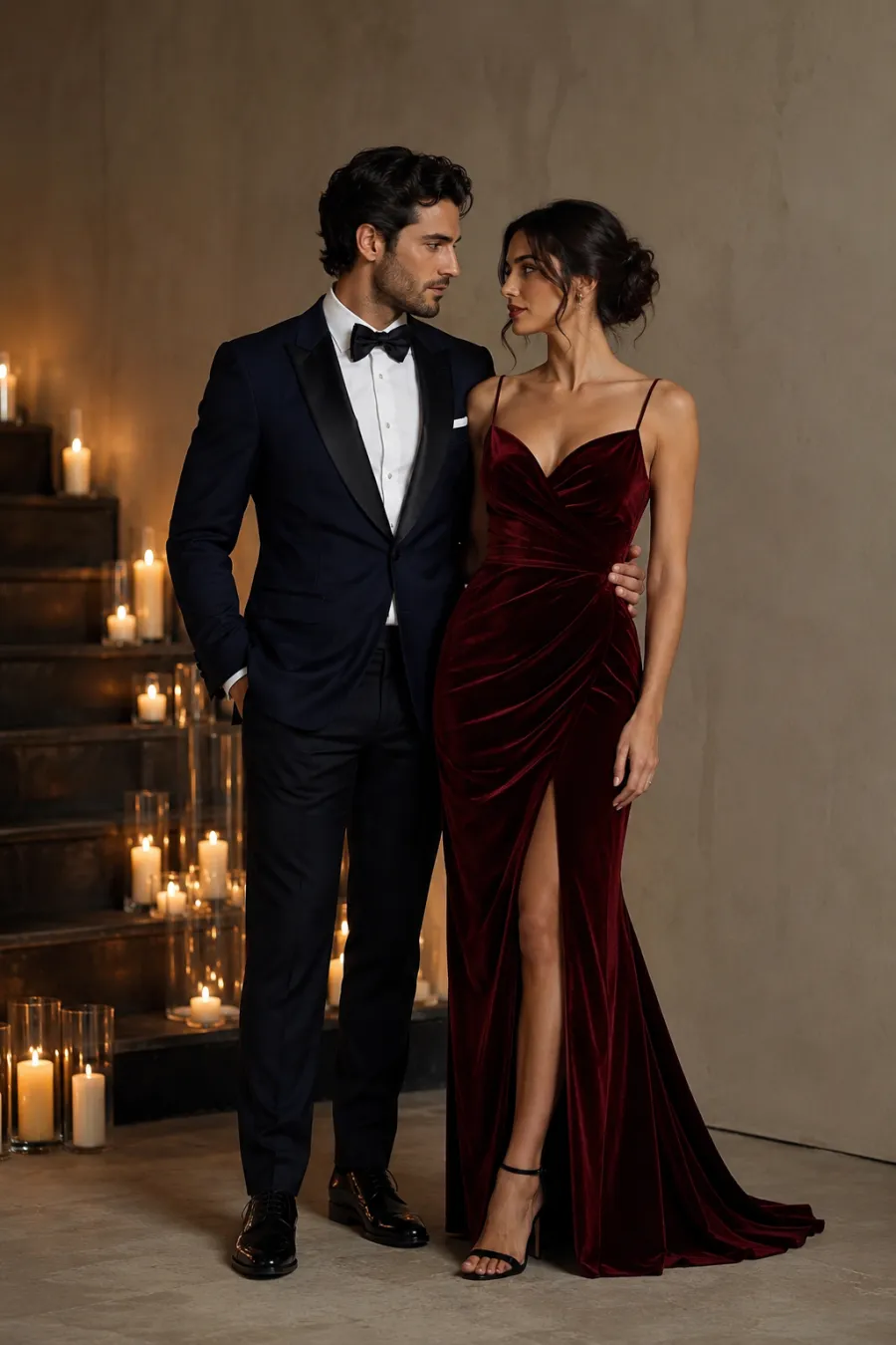 A stylish couple at a formal evening event — the man in a tailored midnight-blue dinner jacket and the woman in a long burgundy velvet gown, standing together near a candlelit staircase, full body