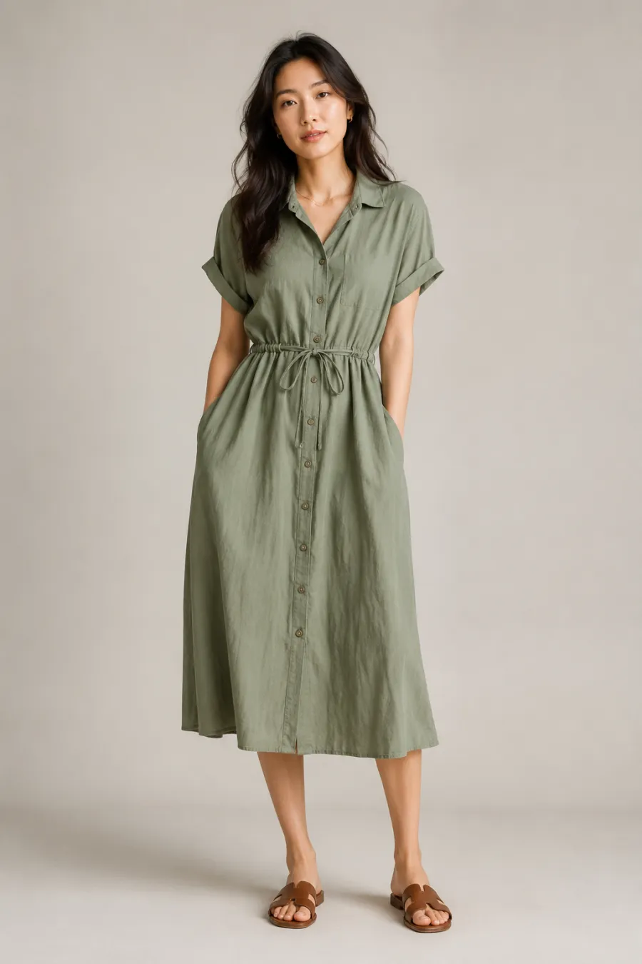 An adult East Asian woman wearing a sage-green button-front midi shirtdress in lightweight cotton with brown leather sandals, standing relaxed for a casual brunch, full body, entire figure from head to feet in frame, centered with headroom