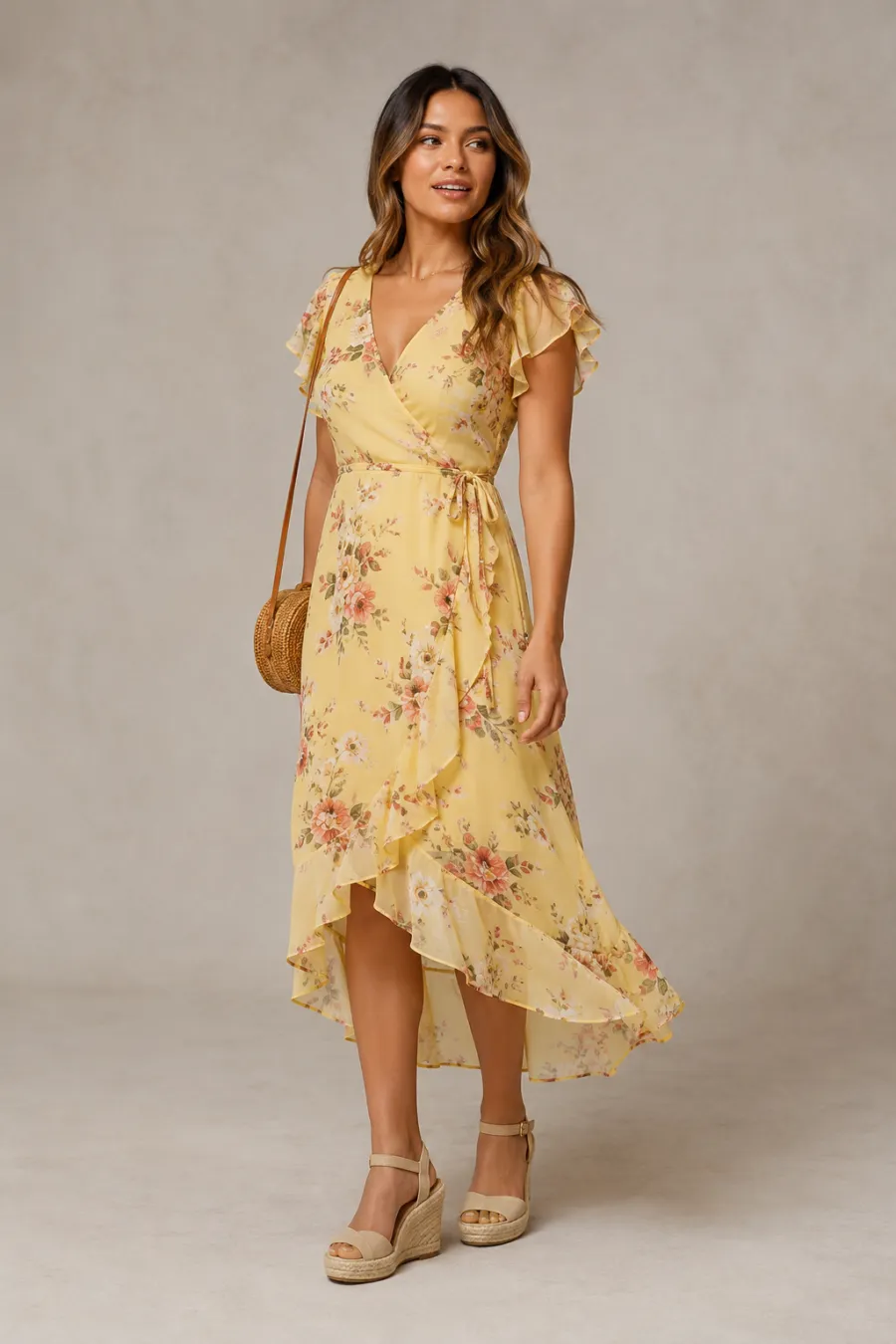An adult Latina woman wearing a butter-yellow floral wrap midi dress in flowy chiffon with tan espadrille wedges and a small straw crossbody bag, three-quarter angle, full body, entire figure from head to feet in frame, centered with headroom