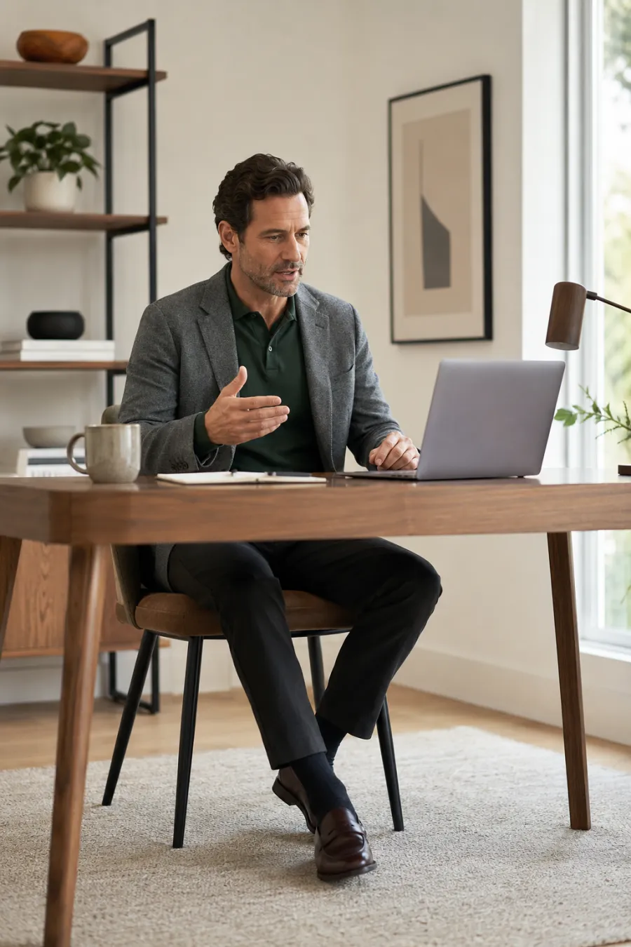 A man in his forties seated at a home desk for a video call, wearing a forest green knit polo under a grey blazer, soft daylight from a window, neutral home-office background, full body