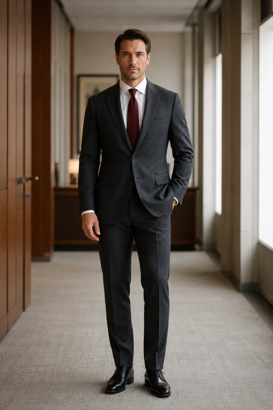 A man in his late 30s wearing a charcoal-grey wool two-piece suit, white dress shirt, burgundy silk tie, and black leather oxford shoes, standing in a law-office hallway, full body, entire figure from head to feet in frame, centered with headroom