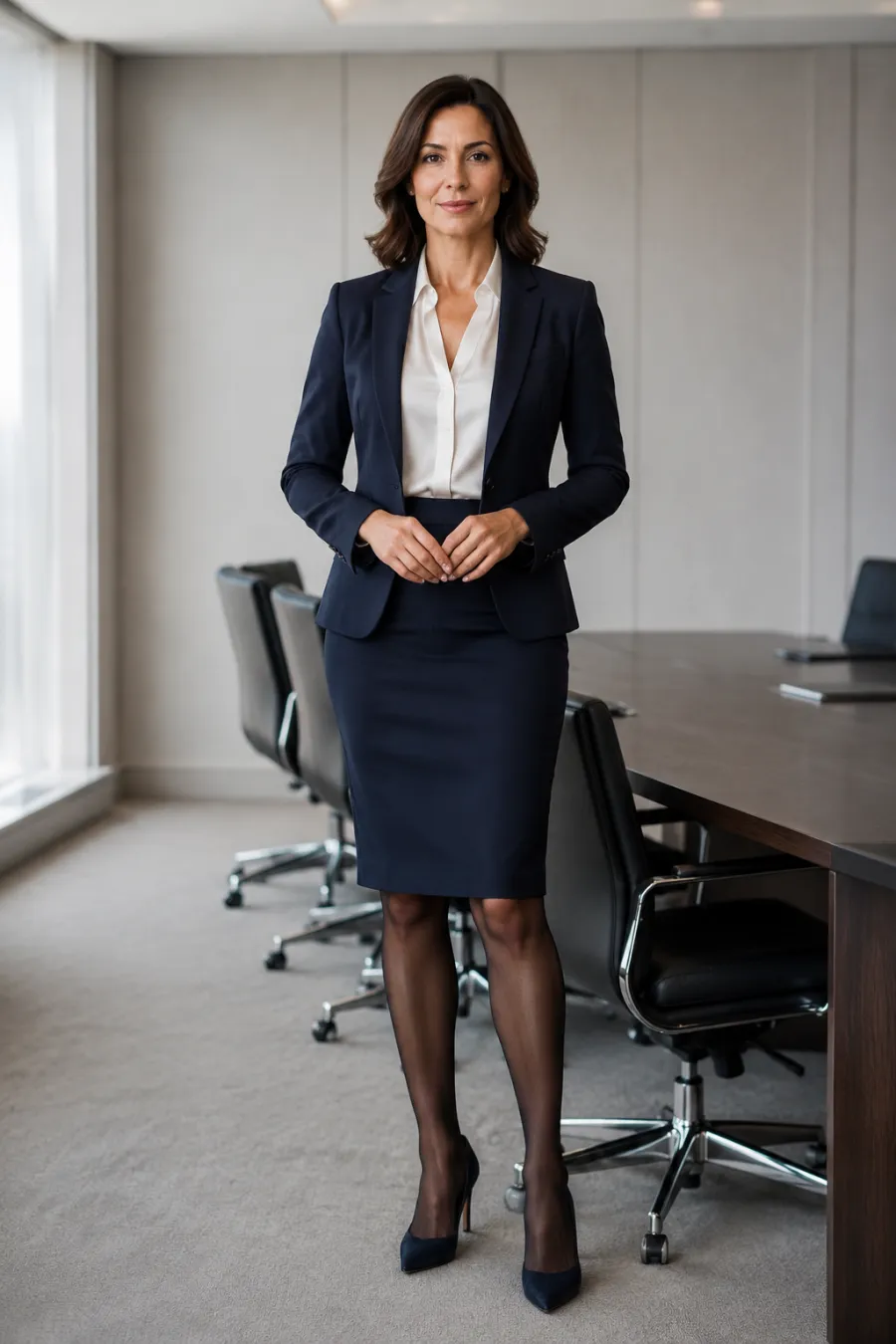A woman in her late 40s wearing a navy tailored skirt suit with a knee-length pencil skirt, a white silk blouse, opaque hosiery, and navy closed-toe pumps, standing in a corporate boardroom, full body, entire figure from head to feet in frame, centered with headroom