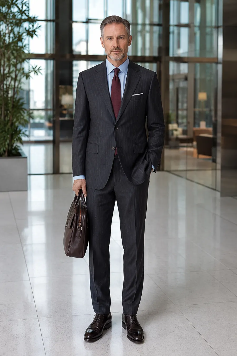A man in his 50s wearing a dark-grey pinstripe single-breasted business suit with a light-blue shirt and burgundy tie, holding a leather briefcase, standing in a glass-walled office lobby, full body, entire figure from head to feet in frame, centered with headroom