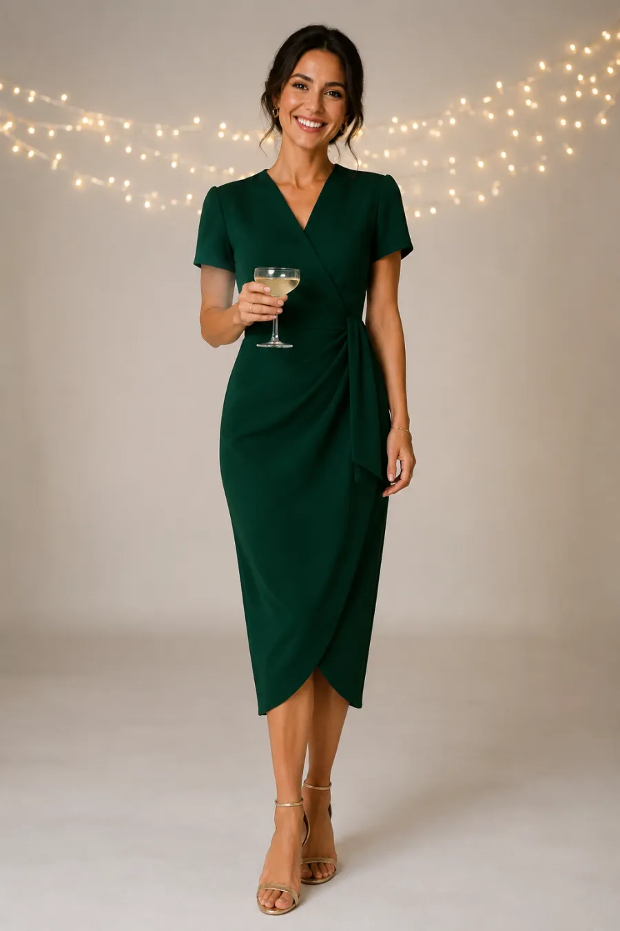 A woman in her late twenties at an office Christmas party wearing a tailored deep-green midi dress with subtle gold earrings, holding a drink, warm string lights blurred behind her, full body