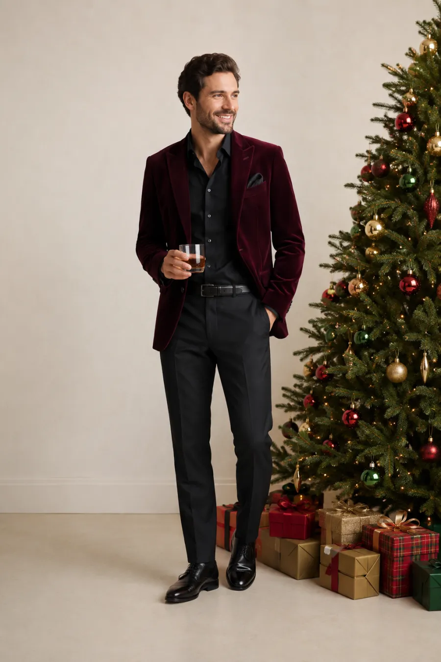 A man in his thirties at a festive holiday party wearing a burgundy velvet blazer over a black shirt and dark trousers, standing by a decorated Christmas tree, full body