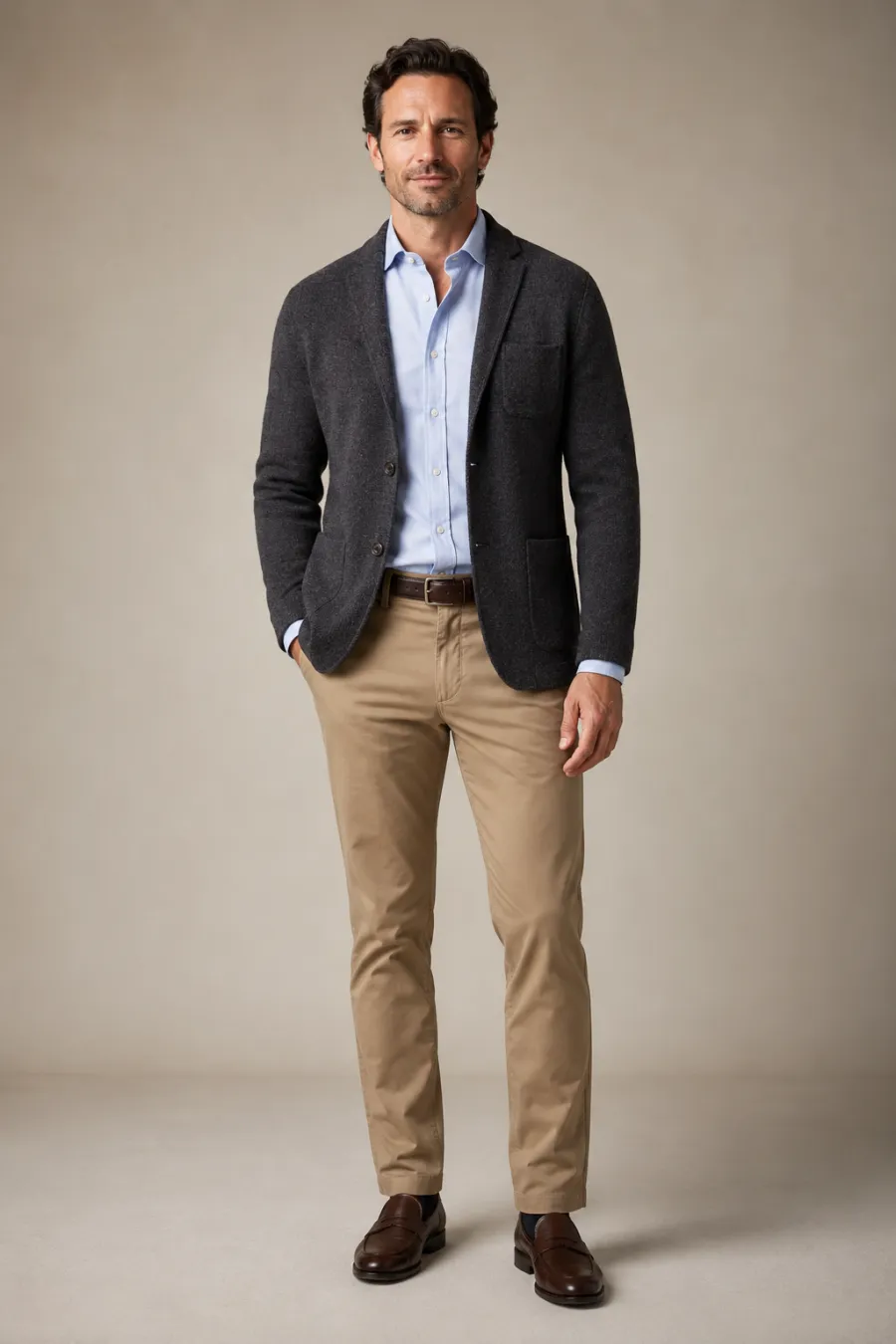 A man around forty wearing tan chino trousers, a light blue oxford button-down shirt, and a charcoal knit blazer with brown loafers, standing straight and facing the camera, full body, entire figure from head to feet in frame, centered with headroom