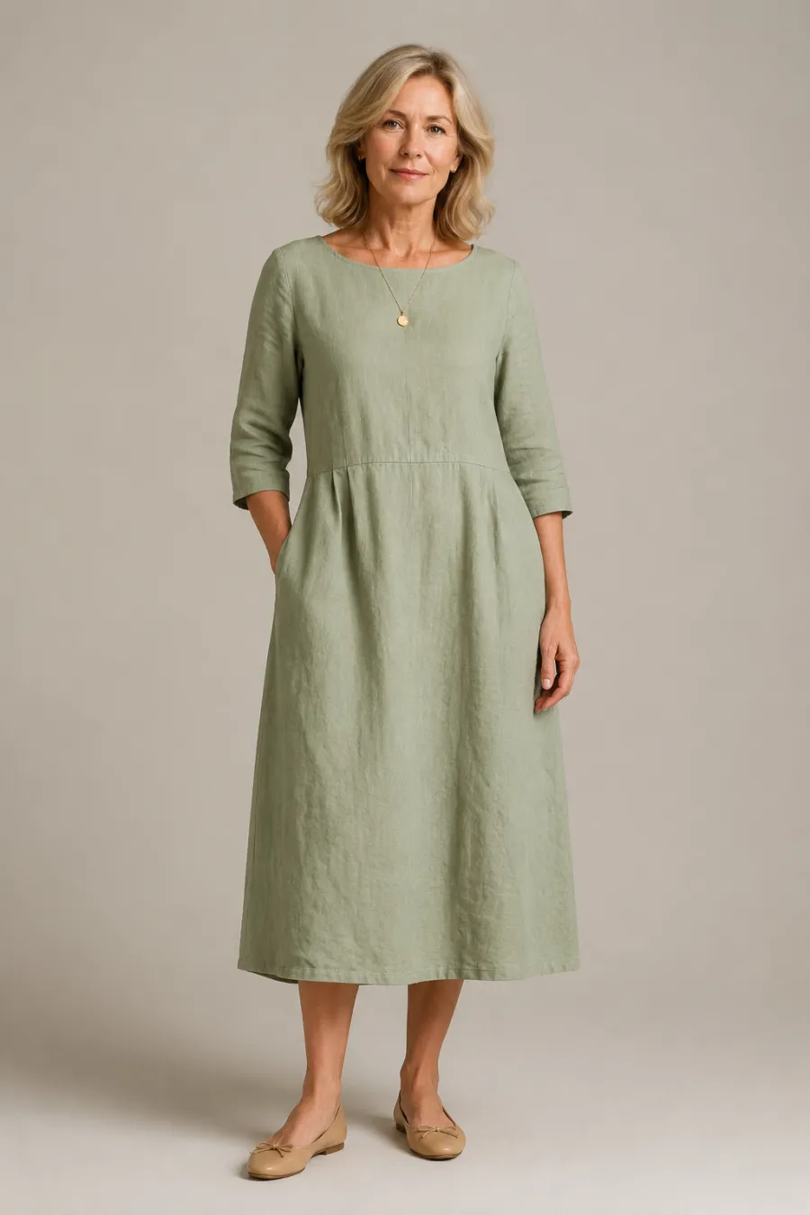 A woman in her mid-fifties wearing a sage green linen midi dress with three-quarter sleeves, a thin gold pendant, and tan ballet flats, standing naturally with a calm posture, full body, entire figure from head to feet in frame, centered with headroom
