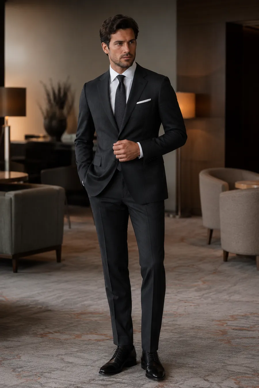 A man in his thirties in a tailored charcoal suit, white dress shirt, and dark silk tie, standing in a softly lit hotel lounge, full body