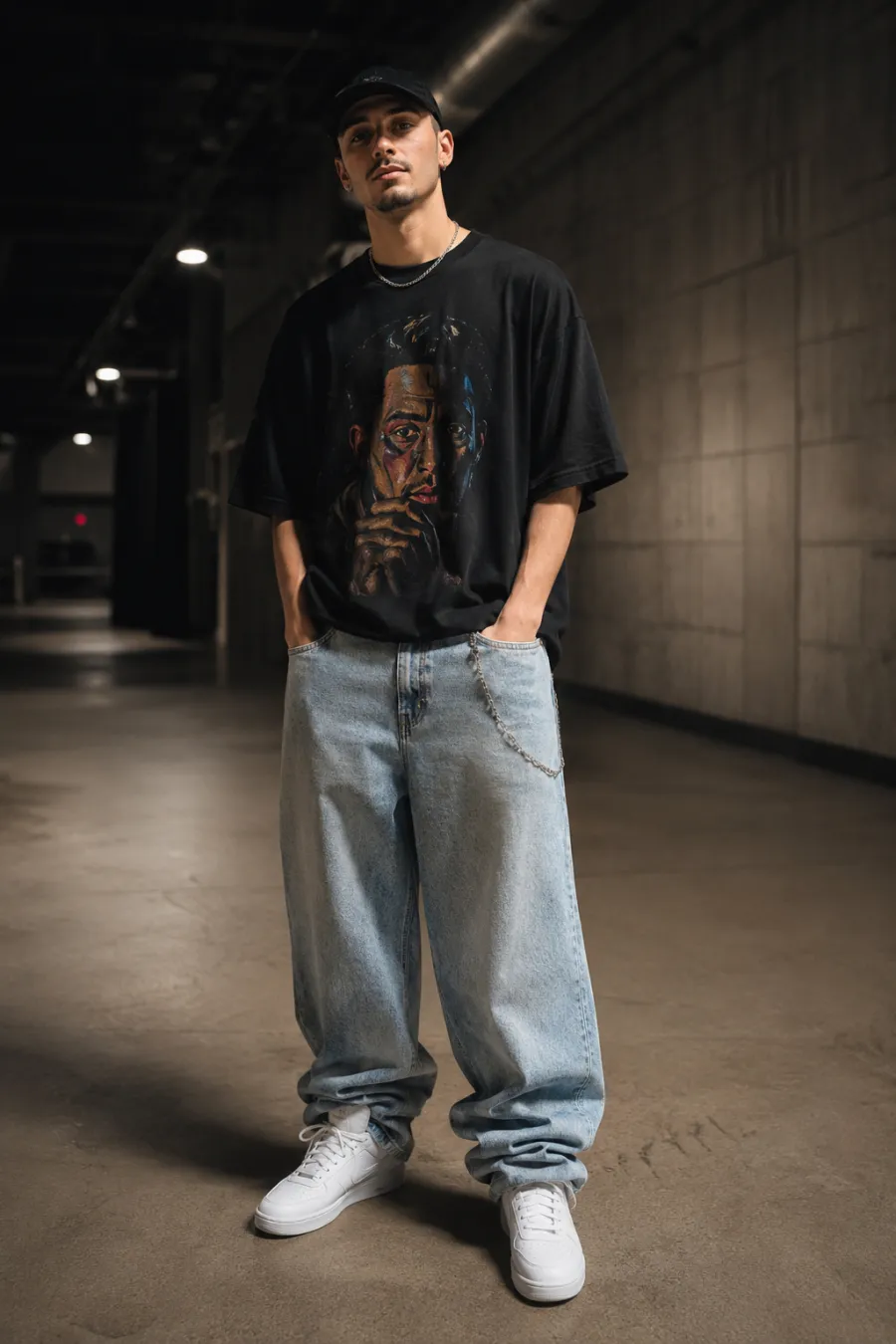 A man in his late twenties at a rap concert wearing an oversized black graphic tee, baggy light-wash jeans, fresh white high-top sneakers, and a black cap, standing in a dim arena hallway, full body