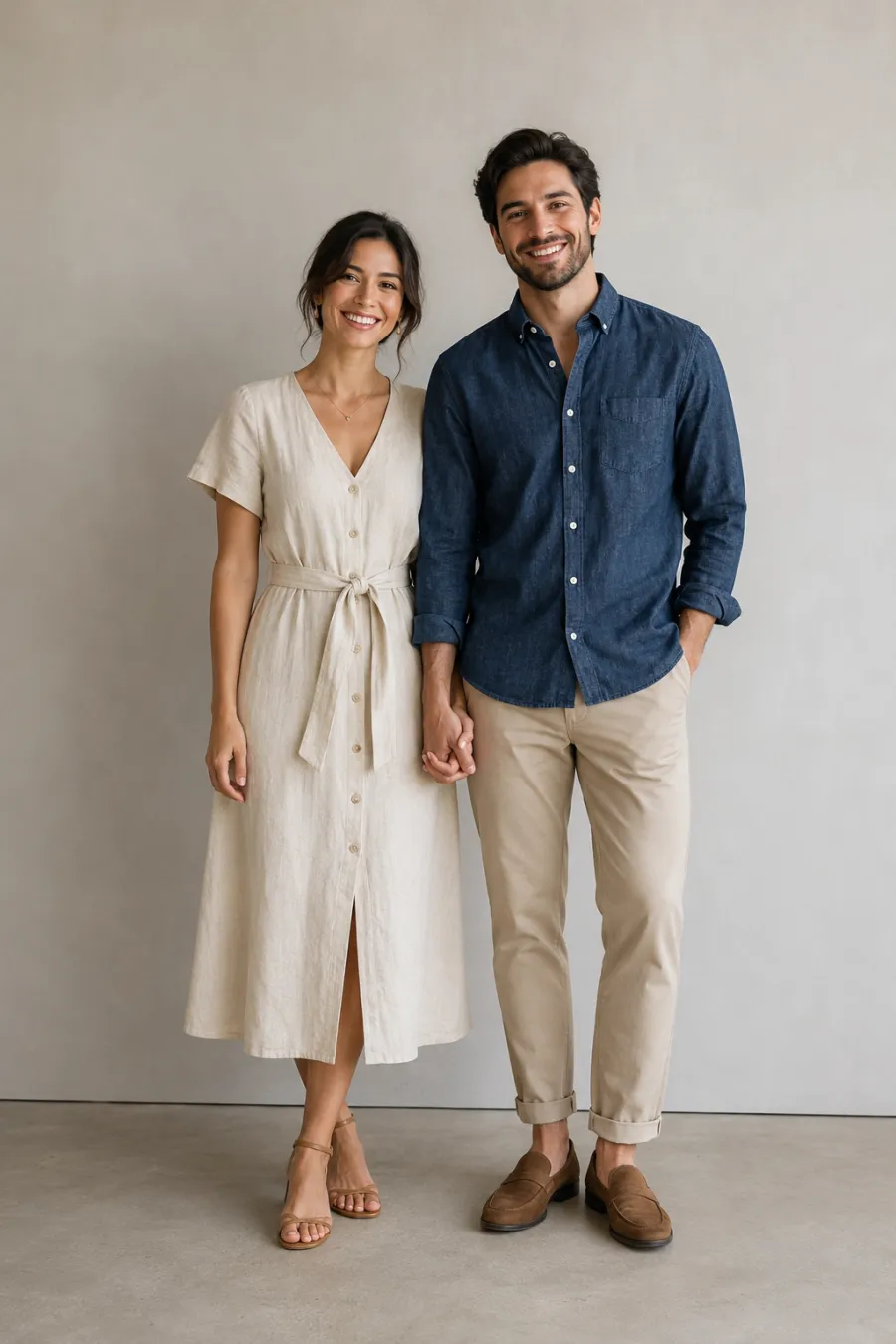 A woman in her late twenties wearing a cream linen midi dress stands beside a man in a navy chambray button-down shirt and beige chinos, both smiling, holding hands in a styling room, full body, entire figure from head to feet in frame, centered with headroom