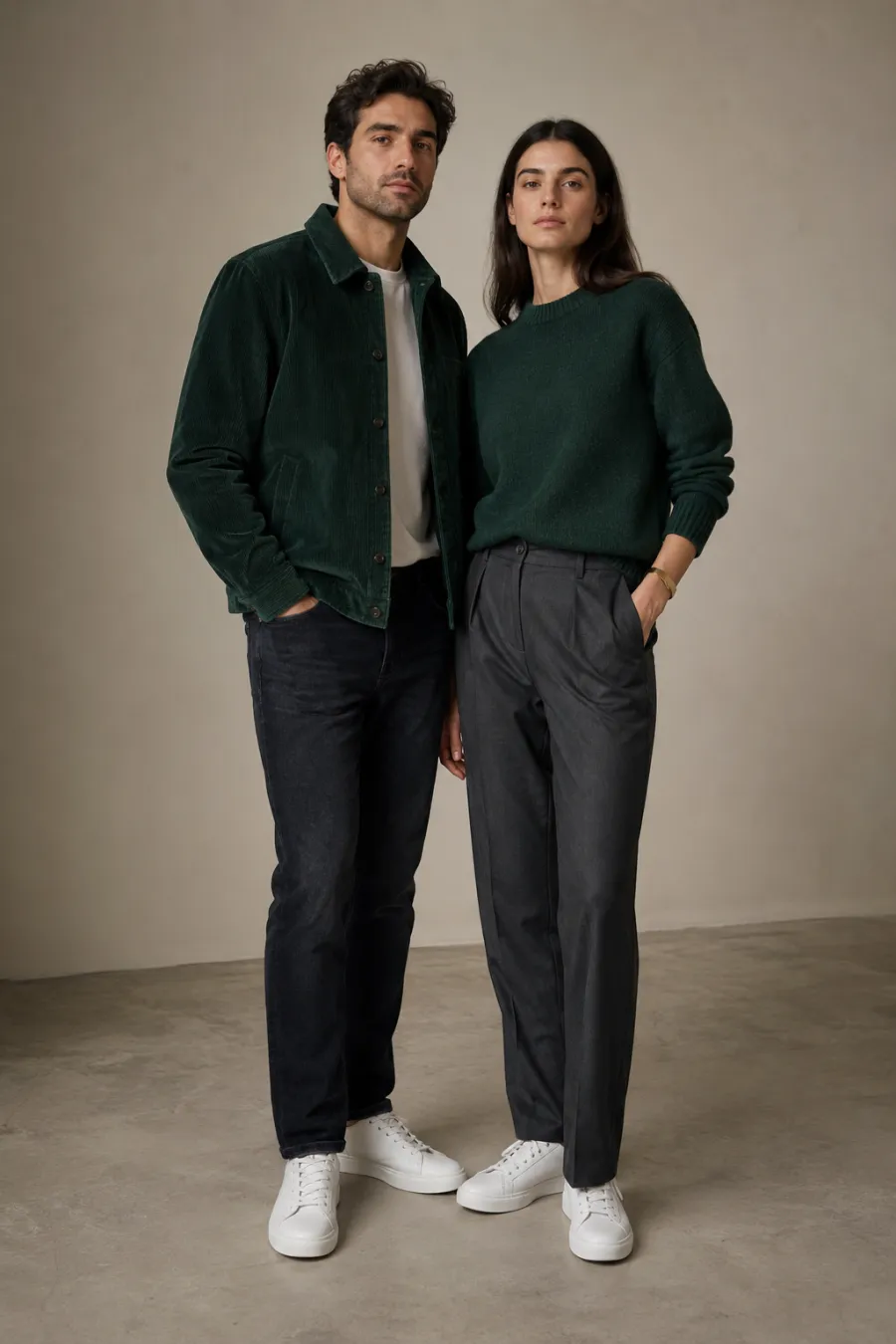 A man in his thirties in a dark green corduroy jacket and dark jeans next to a woman in a matching dark green knit sweater and tailored gray trousers, both wearing white leather sneakers, standing together in a fitting area, full body, entire figure from head to feet in frame, centered with headroom