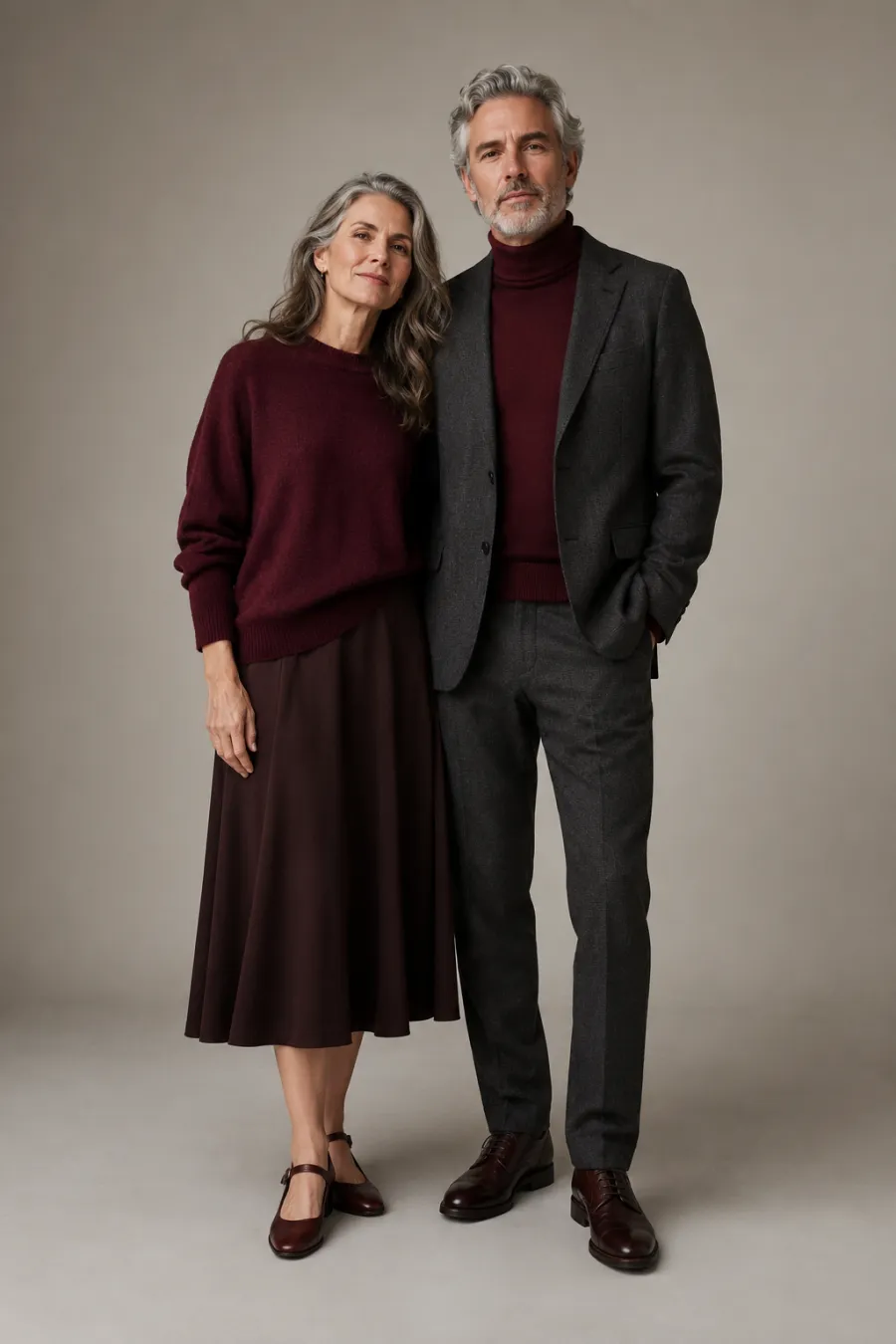 An older couple in their fifties wearing coordinated burgundy outfits, the woman in a burgundy wool sweater and dark midi skirt, the man in a charcoal blazer and burgundy turtleneck, standing side by side, full body, entire figure from head to feet in frame, centered with headroom