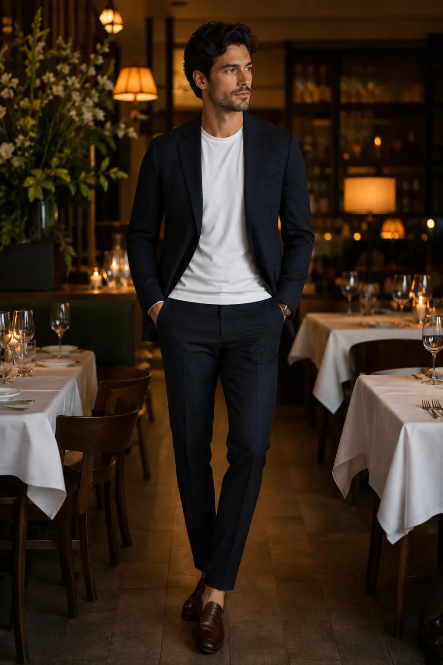 A man in his late twenties on a dinner date wearing a navy blazer over a white crew-neck tee, dark slim trousers and brown leather loafers, standing in a warmly lit upscale restaurant, full body