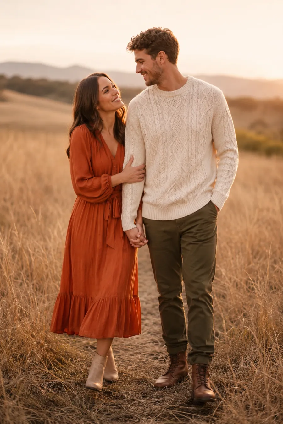 An engaged couple in their late twenties in a coordinated autumn palette: the woman in a flowing rust-orange midi dress, the man in a cream cable-knit sweater with dark olive chinos and brown leather boots, standing close together in a golden field at sunset, warm natural light, full body