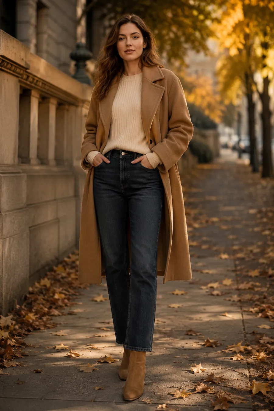 A woman in her late twenties in a layered fall outfit — cream ribbed knit under an oversized camel wool coat, straight-leg dark jeans, and tan ankle boots — standing on a leaf-strewn city sidewalk in soft autumn light, full body