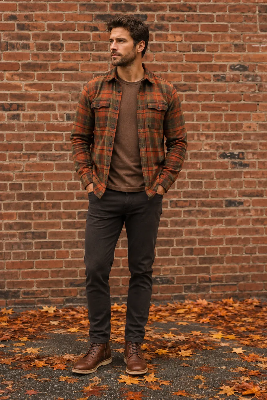 A man in his thirties in a fall outfit — a rust-and-olive plaid flannel shirt over a plain brown tee, dark slim chinos, and brown leather boots — standing in front of a brick wall with fallen leaves, warm overcast daylight, full body