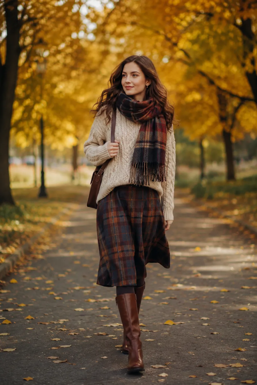A young woman in a cozy fall outfit — chunky oatmeal cable-knit sweater, plaid midi skirt, opaque tights, and brown knee-high boots, with a tartan scarf — walking through a park with golden autumn trees behind her, full body