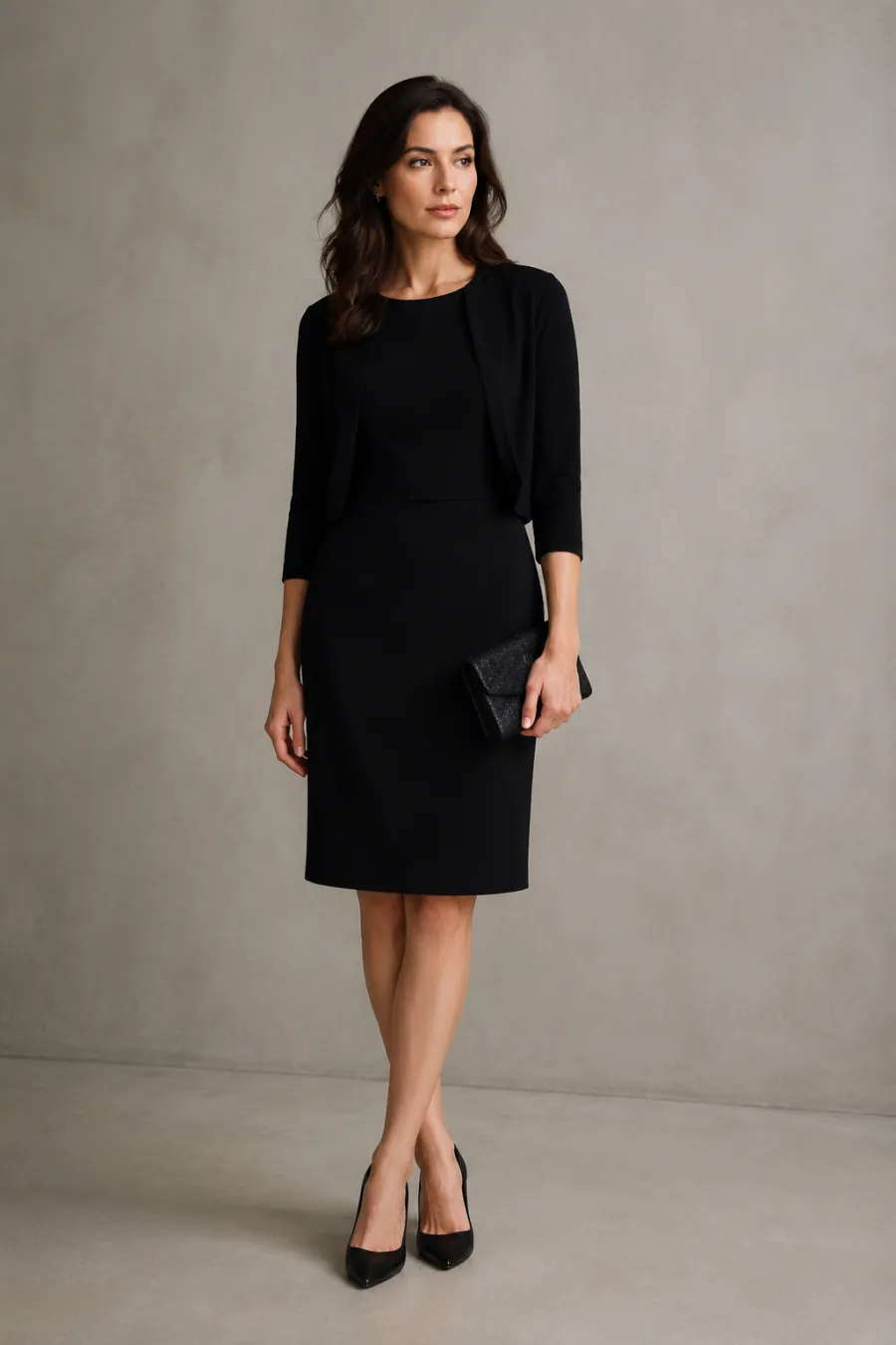 A woman in her thirties in a modest knee-length black dress with three-quarter sleeves and a thin dark cardigan, holding a small dark clutch, standing in calm daylight against a neutral backdrop, full body