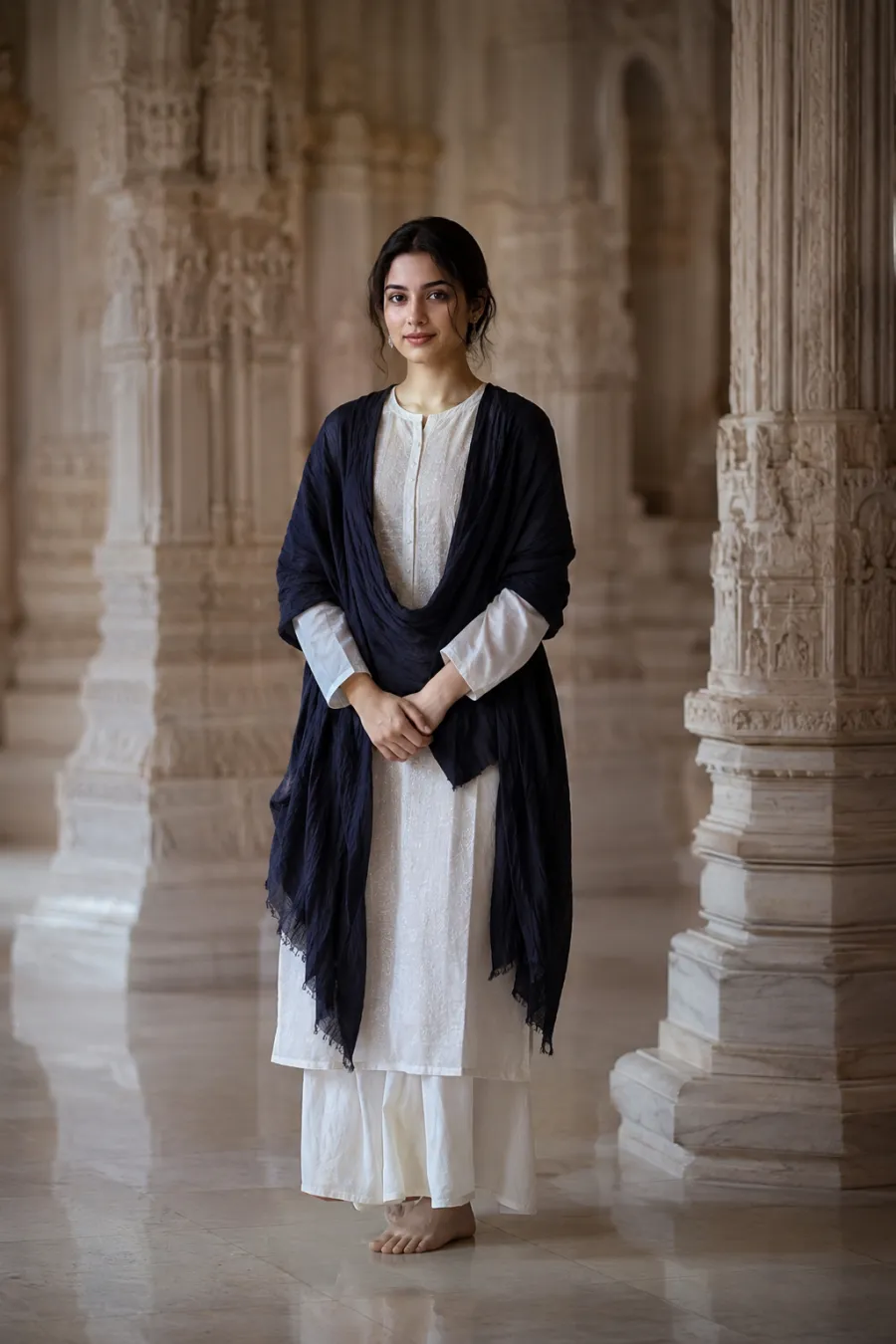 A young woman in her twenties wearing a long-sleeved modest white outfit with a simple dark shawl, hands folded, standing in a quiet temple setting with soft light, respectful posture, full body