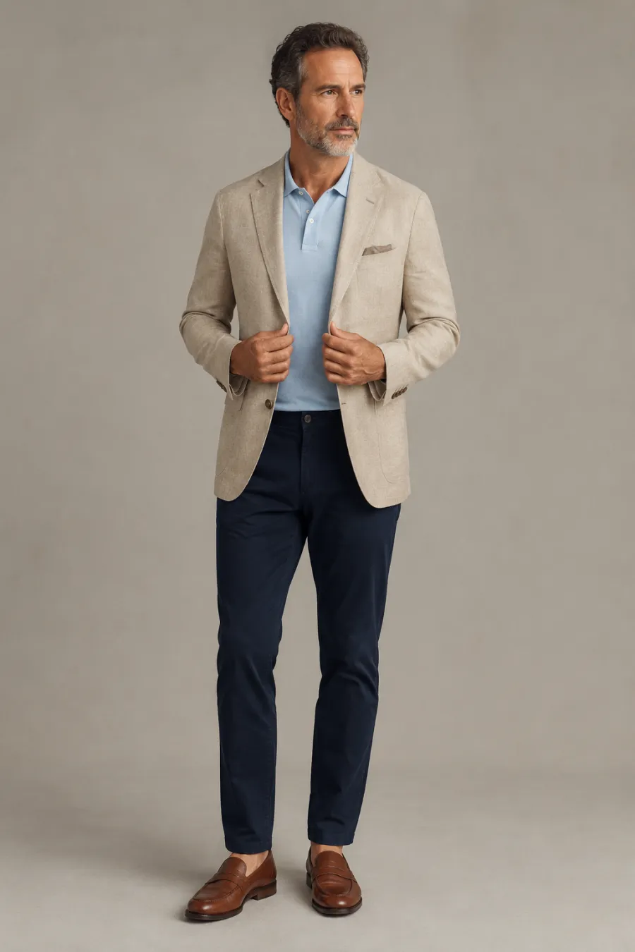 An adult man trying on a tan linen blazer over a light blue polo with navy chinos and brown loafers for a graduation guest look, full body, entire figure from head to feet in frame, centered with headroom