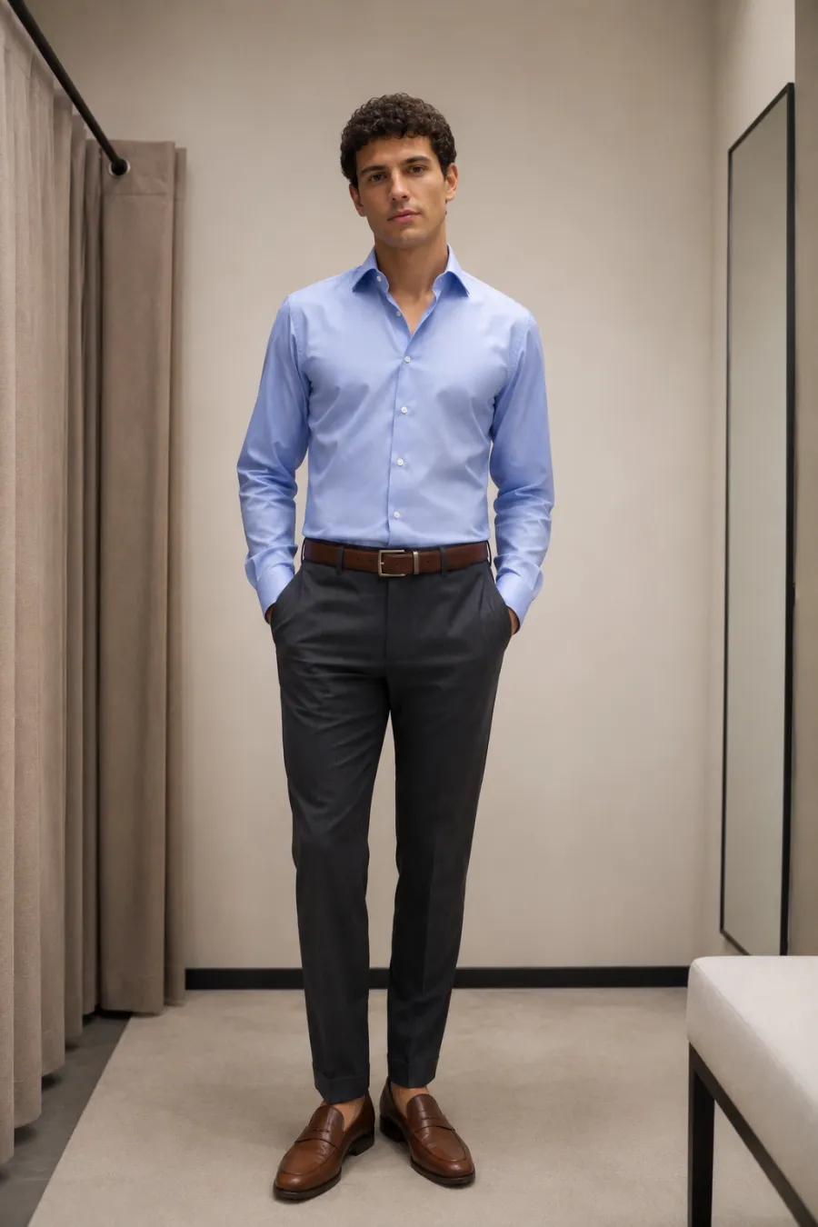 An adult man with short curly hair wearing a light blue dress shirt, charcoal slacks, a brown belt and brown leather loafers, standing in a fitting room, full body, entire figure from head to feet in frame, centered with headroom