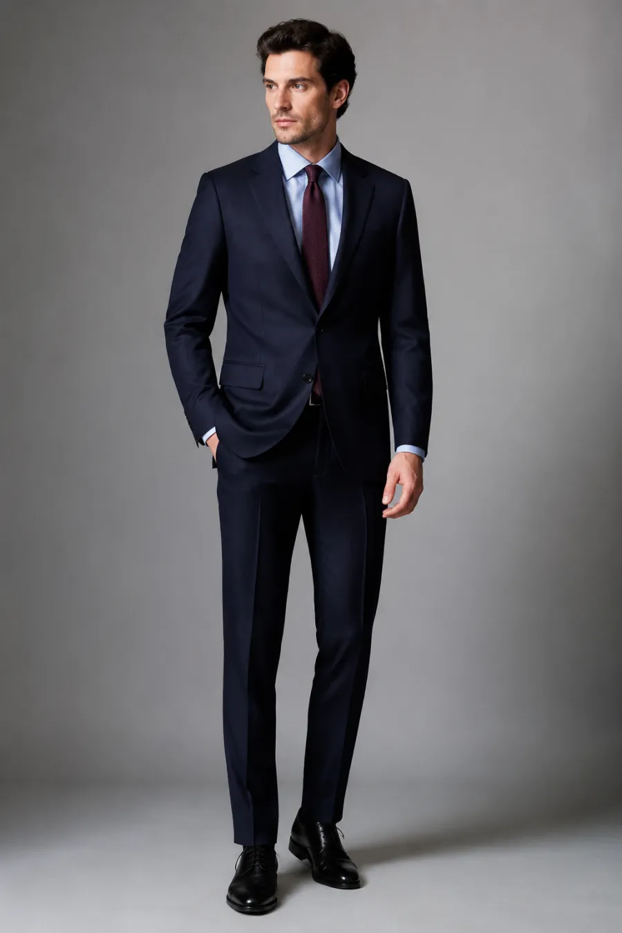 A man in his early thirties in a well-fitted navy suit with a crisp light-blue shirt and a burgundy tie, photographed in natural light against a plain grey background, full body