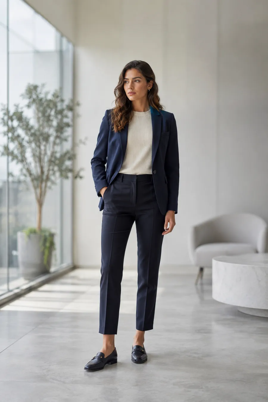 A woman in her twenties in a smart business-casual look — a navy blazer over a cream knit top with tailored dark trousers and loafers, standing in a bright modern office lobby, full body
