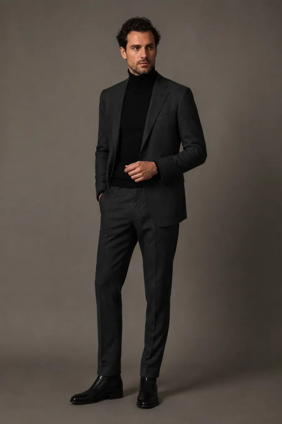 A man in his thirties at an upscale New Year's Eve dinner wearing a charcoal suit with a black turtleneck and leather boots, warm restaurant lighting and a set table behind him, full body
