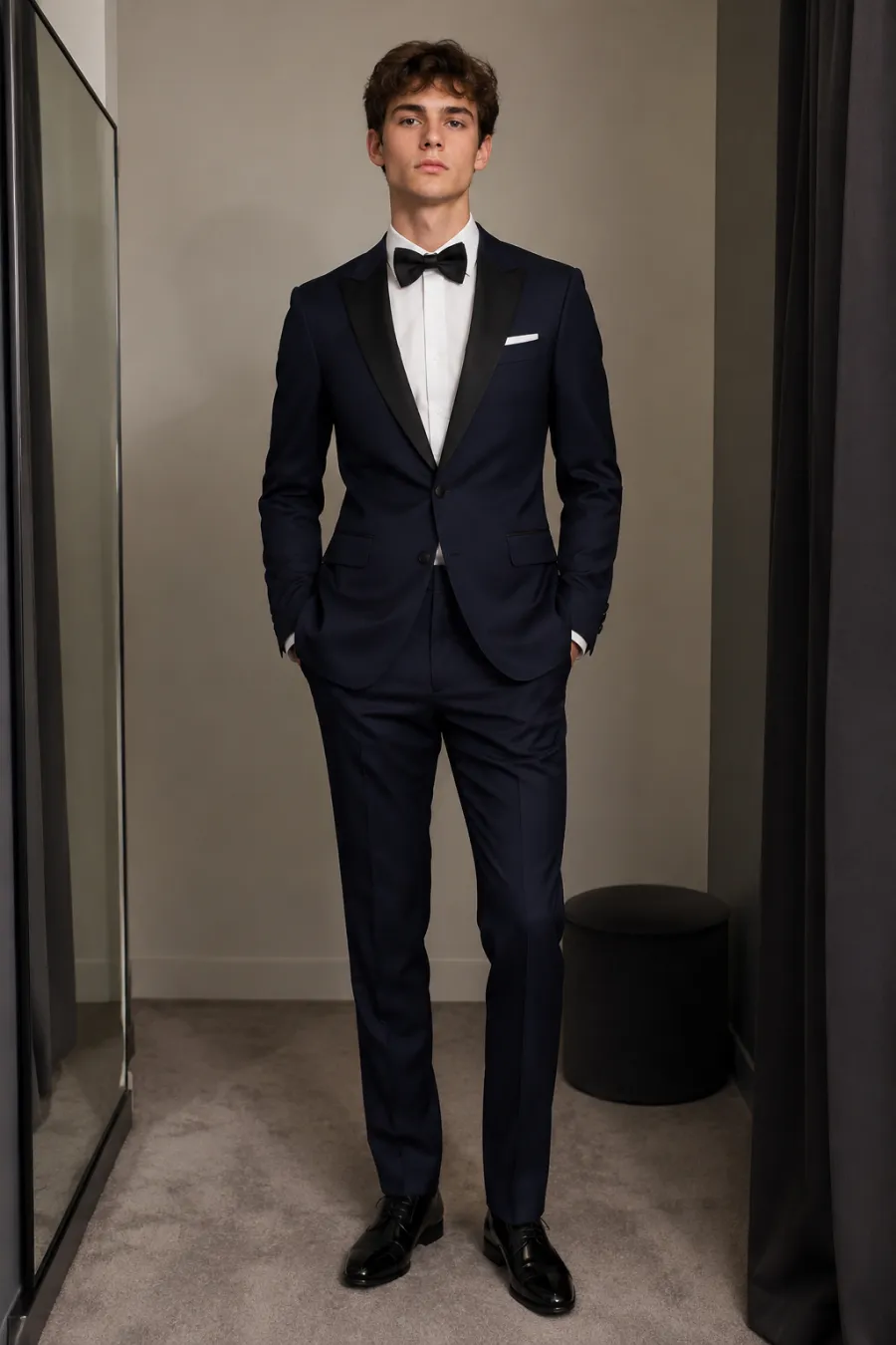 An adult man trying on a midnight-blue tailored tuxedo with black satin lapels and a black bow tie, standing in a menswear fitting room, full body, entire figure from head to feet in frame, centered with headroom
