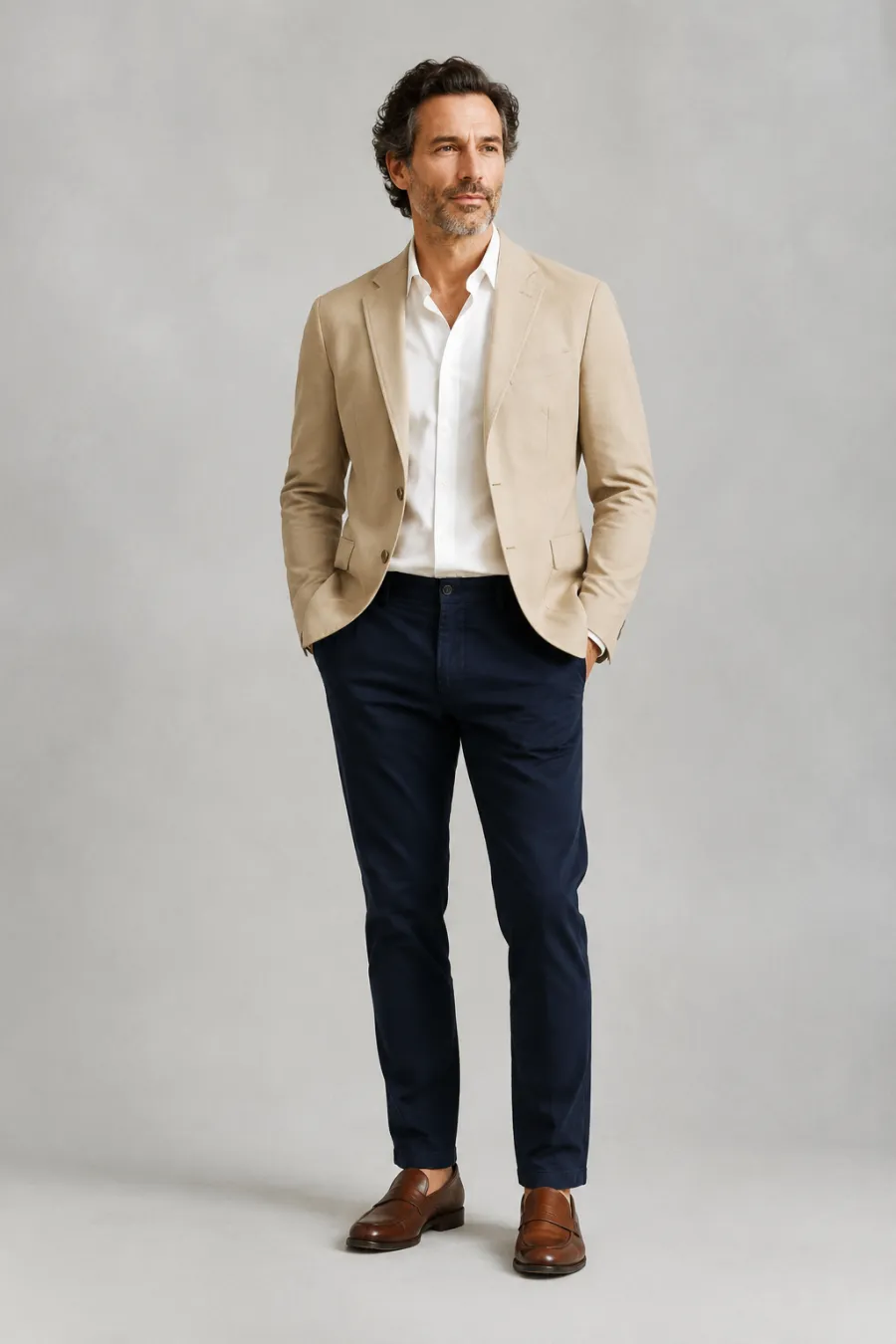 A man in his forties wearing a light tan cotton blazer over a white button-down, navy chinos, and brown leather loafers, standing naturally, full body, entire figure from head to feet in frame, centered with headroom