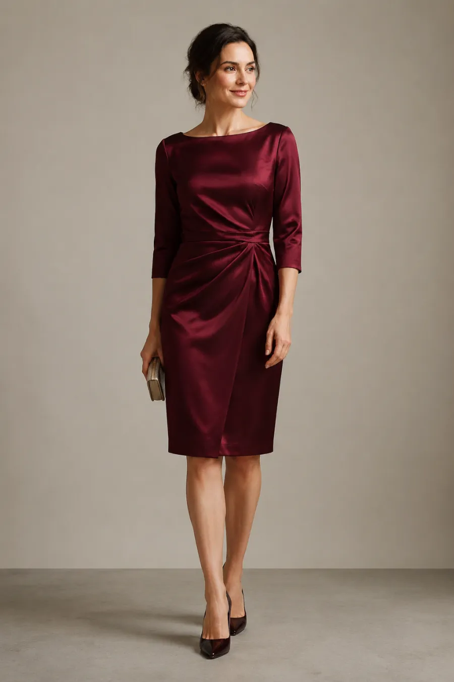 A woman in her thirties wearing a knee-length cocktail dress in deep burgundy satin with three-quarter sleeves, holding a small clutch, standing in soft daylight, full body, entire figure from head to feet in frame, centered with headroom