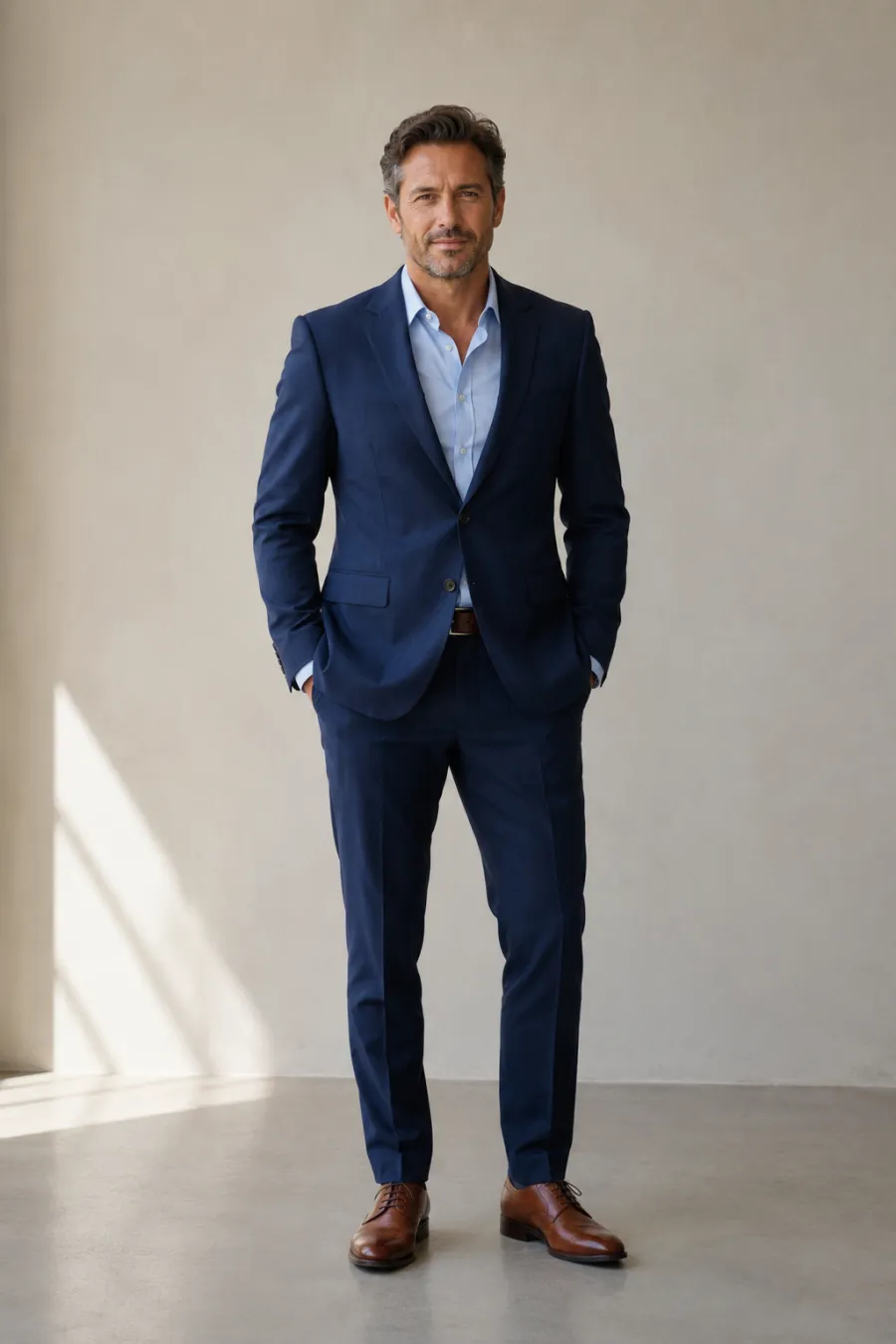 A man in his forties in a fitted navy two-piece suit with a light blue dress shirt, no tie, and brown leather shoes, standing in natural light against a neutral wall, full body, entire figure from head to feet in frame, centered with headroom