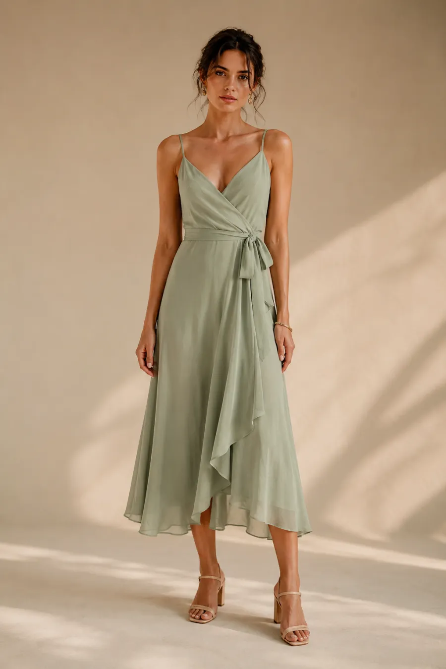 A woman in her late twenties in a sage green tea-length chiffon midi dress with delicate straps and a light wrap, wearing block-heel sandals, standing in warm afternoon light, full body, entire figure from head to feet in frame, centered with headroom