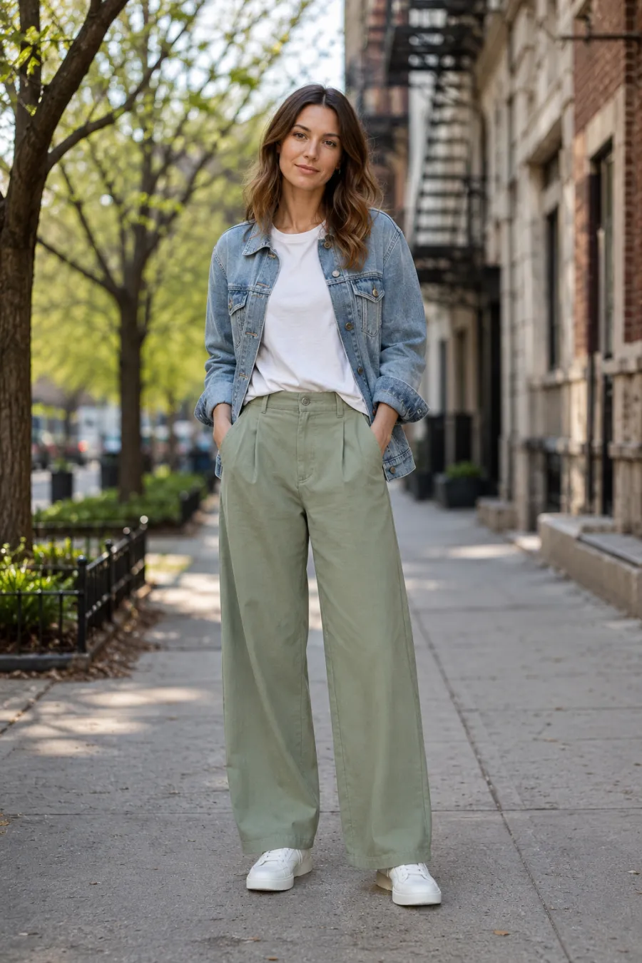 A woman in her late twenties wearing a light blue denim jacket open over a white cotton tee, sage green wide-leg trousers, and white sneakers, standing on a city sidewalk with budding trees in soft spring daylight, full body, entire figure from head to feet in frame, centered with headroom