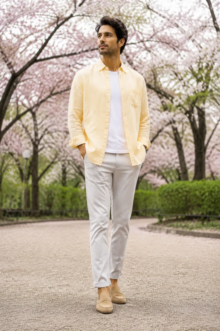 A man in his thirties wearing a pale yellow linen-blend button-down shirt over a plain white tee, light grey chinos, and tan loafers, standing in a park with cherry blossoms behind him in bright overcast light, full body, entire figure from head to feet in frame, centered with headroom