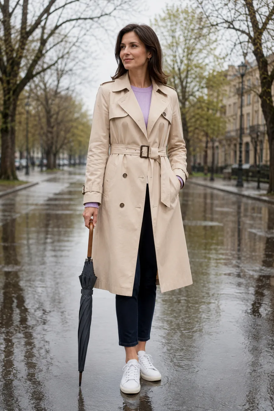 A woman in her forties wearing a beige belted trench coat over a lavender knit top, dark cropped jeans, and white leather sneakers, holding a folded umbrella on a damp street with reflections and bare-to-budding trees, soft grey daylight, full body, entire figure from head to feet in frame, centered with headroom