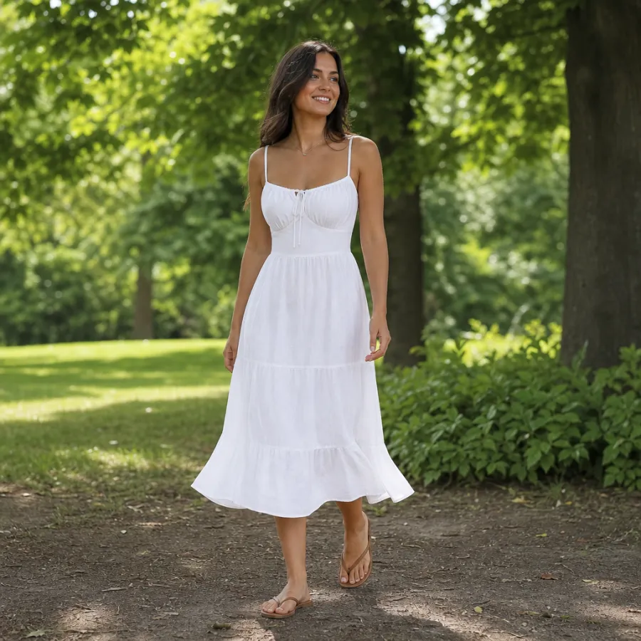 A woman in her thirties wearing a flowing white cotton midi dress with thin straps and tan flat sandals, walking through a green park on a clear sunny day, full body