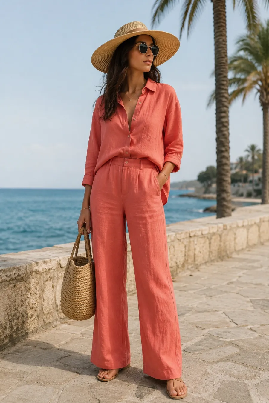 A woman in her twenties in a coral linen co-ord set, wide-brim straw hat and sunglasses, standing near a seaside promenade with palm trees behind her, full body