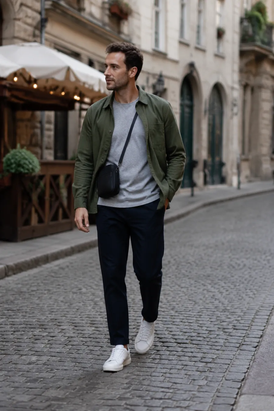 A man in his thirties walking a European cobblestone street, wearing dark navy chino trousers, a light grey crewneck tee under an unbuttoned olive overshirt, clean white leather sneakers, a small black crossbody bag, historic buildings and a café awning behind him, full body