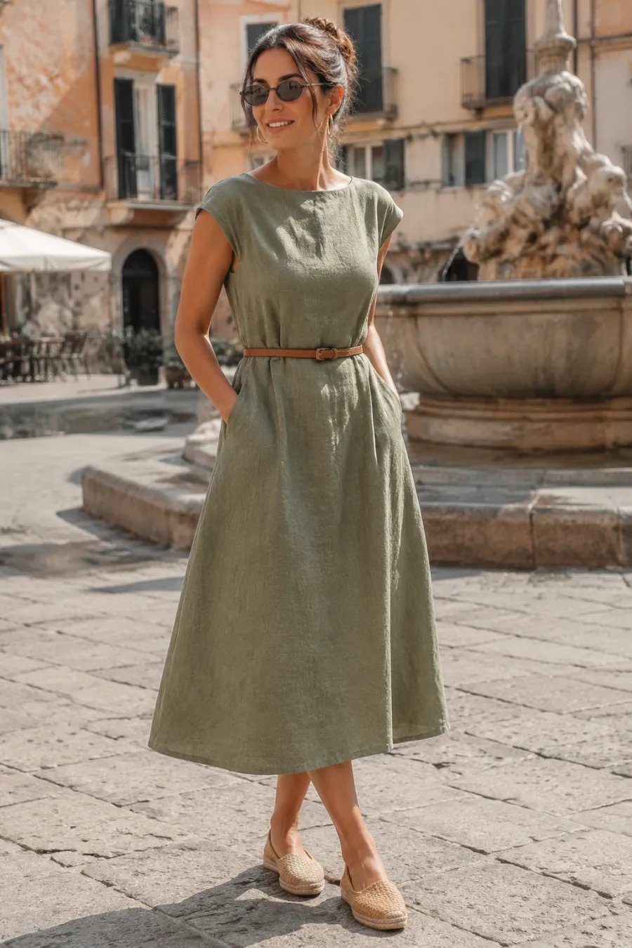 A woman in her early thirties standing on a sunlit piazza, wearing a sage-green linen midi dress with cap sleeves, a thin tan leather belt, woven flat espadrilles, gold hoop earrings and small sunglasses, a fountain and pastel buildings behind her, full body