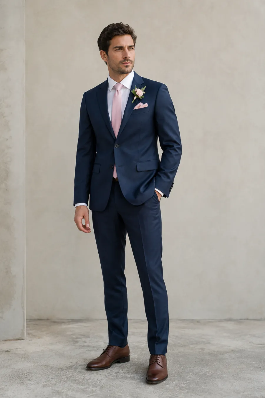 A male wedding guest in a tailored navy suit with a soft pink tie, photographed in natural light against a neutral wall
