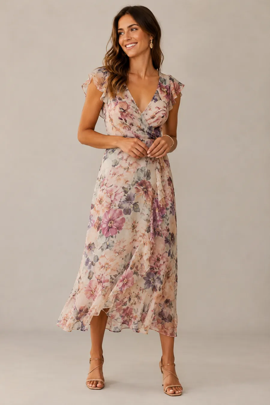 A wedding guest in a flowing floral midi dress and sandals at a sunny outdoor garden ceremony, greenery softly blurred behind her