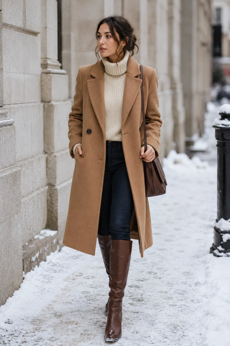 A woman in her late twenties wearing a cream ribbed turtleneck under a camel wool overcoat, with dark slim jeans and tall brown leather boots, standing on a snowy city sidewalk in soft winter daylight, full body