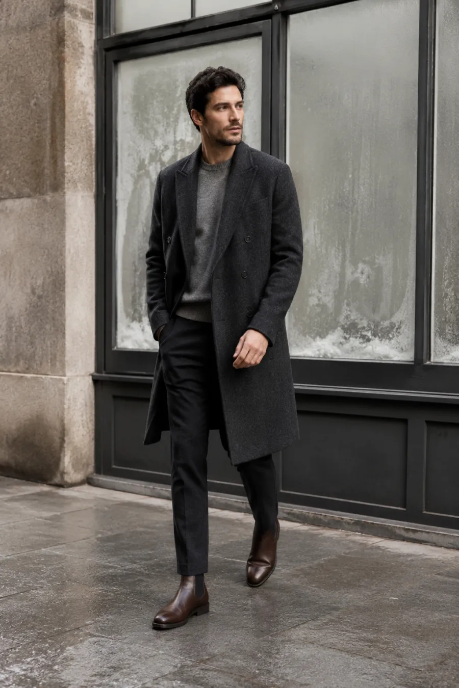 A man in his thirties in a charcoal wool overcoat over a grey crewneck sweater, dark trousers, and brown Chelsea boots, walking past a frosted shop window on a grey winter morning, full body