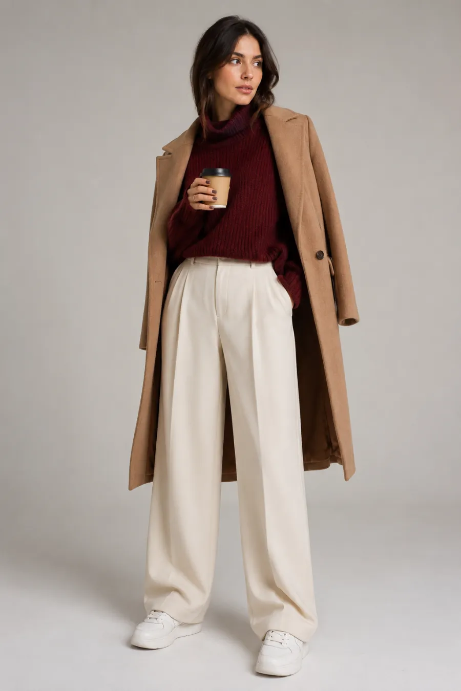 A young woman in a burgundy chunky knit sweater, camel coat draped over her shoulders, cream wide-leg trousers, and white sneakers, holding a coffee on a cold bright street with bare trees behind her, full body