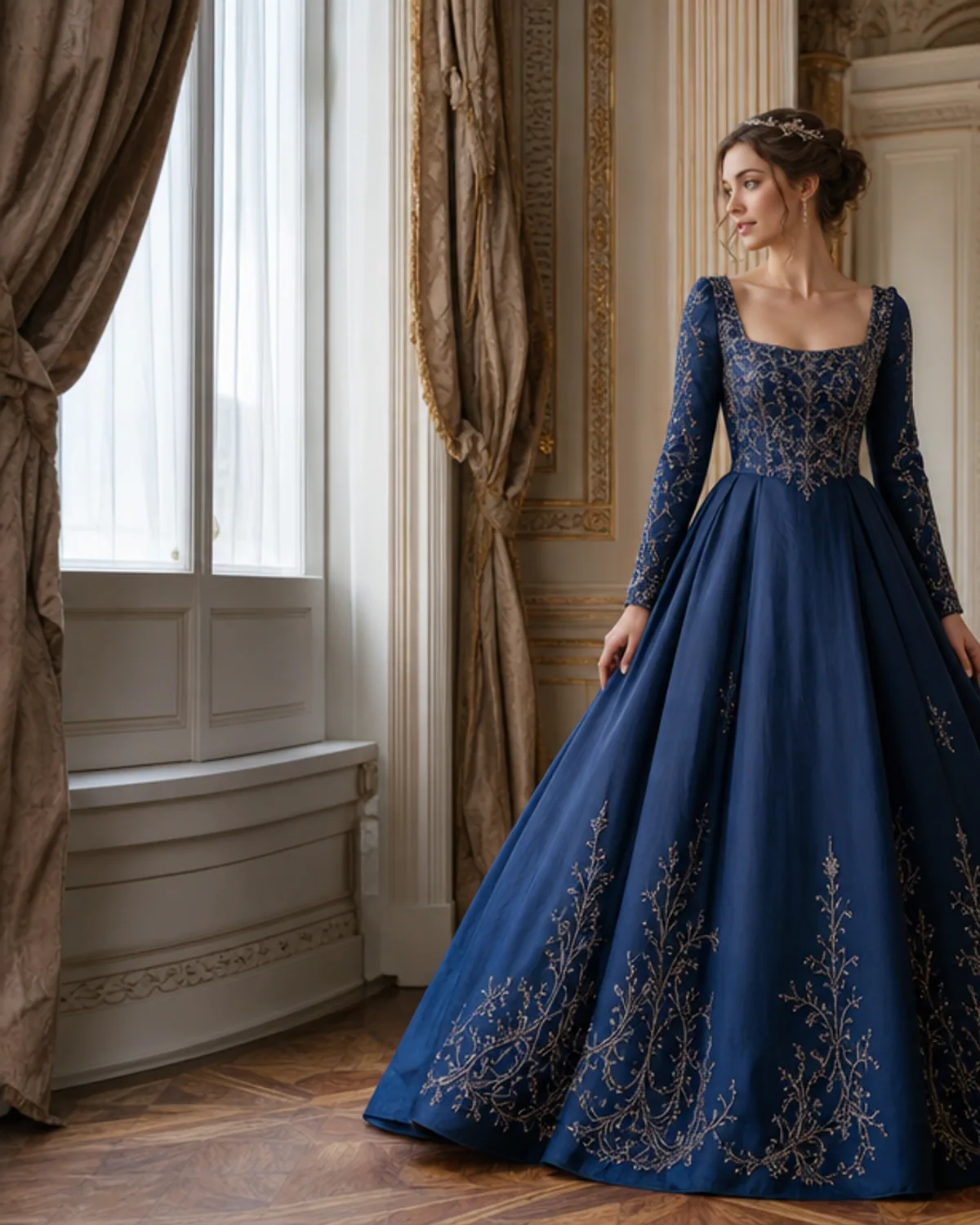 Adult wearing an original sapphire royal gown in an elegant interior